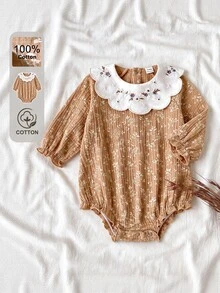 SHEIN 女嬰秋冬韓式彼得潘領花卉長袖連身衣，適合外出、購物、旅行等多種場合 - 棕色 - 查看 5