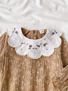SHEIN 女嬰秋冬韓式彼得潘領花卉長袖連身衣，適合外出、購物、旅行等多種場合 - 棕色 - 查看 9