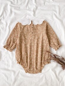 SHEIN 女嬰秋冬韓式彼得潘領花卉長袖連身衣，適合外出、購物、旅行等多種場合 - 棕色 - 查看 6