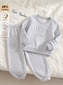 SHEIN 女童 2 件組秋季保暖內裡運動套裝 圓領壓紋 California 圖案衛衣＋慢跑長褲 兒童聖誕穿搭 7 歲生日灰色 - 淺灰色 - 查看 8