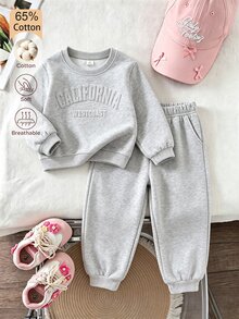 SHEIN 女童 2 件組秋季保暖內裡運動套裝 圓領壓紋 California 圖案衛衣＋慢跑長褲 兒童聖誕穿搭 7 歲生日灰色 - 淺灰色 - 查看 7
