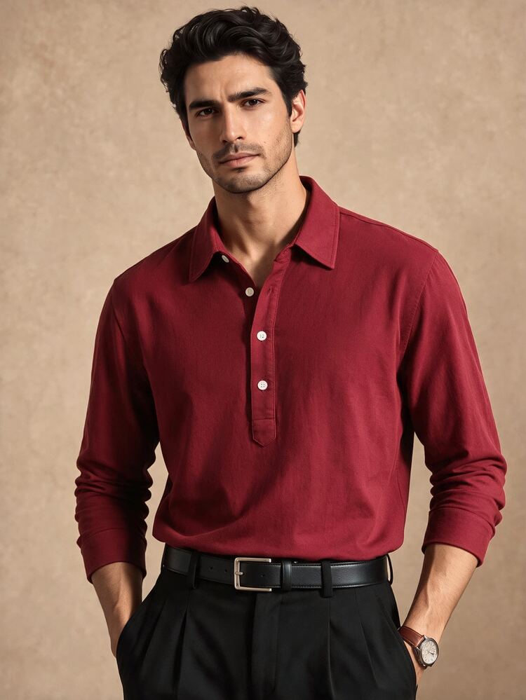 Core Aspect Men's Burgundy Long Sleeve Henley Polo Shirt, Slightly Loose Textured Top, Vintage Casual Light Business Shirt For Daily Wear And Gatherings - Red - View 5