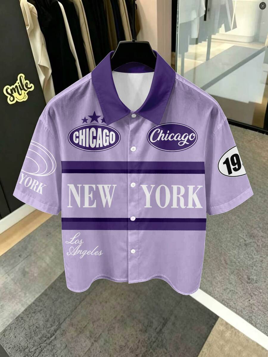 Manfinity Hypemode Men's American Vintage Racing Style Chicago New York Los Angeles Multi-City Typography Streetwear Loose Fit Shirt - Multicolor - View 1