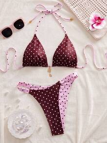 Swim Mod Women's Summer New Seaside Vacation Fashion Sweet Cute Contrast Polka Dot Print Reversible Halter Tie Back Sexy Bikini Set Set - Multicolor - View 2
