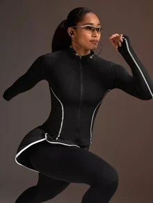 Powerista 女款黑色拼色長袖運動夾克 訓練外套 適用健身房 普拉提 瑜珈 跑步 健身 戶外 秋冬 - 黑色 - 查看 10