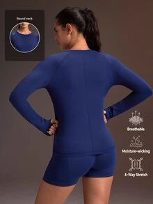 Powerista Women's Navy Blue Round Neck Fitted Sports T-Shirt With Detachable Sleeves(Suitable For Workout) Gym Fall Modest Athleisure - Navy Blue - View 3