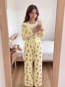 SHEIN 青少年女孩甜美簡約可愛熊圖案圓領荷葉邊收腰下擺長袖加長褲軟舒適居家睡衣套裝 2件組 - 黃色 - 查看 8