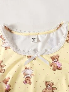 SHEIN 青少年女孩甜美簡約可愛熊圖案圓領荷葉邊收腰下擺長袖加長褲軟舒適居家睡衣套裝 2件組 - 黃色 - 查看 5