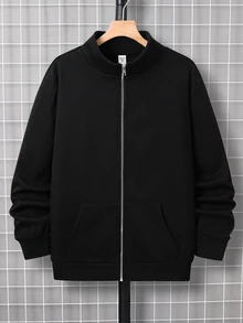 SHEIN 青少年男孩純色拉鍊休閒百搭日常穿著秋季運動衫 - 黑色 - 查看 7