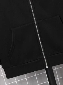 SHEIN 青少年男孩純色拉鍊休閒百搭日常穿著秋季運動衫 - 黑色 - 查看 4