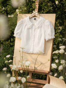 SHEIN MOD Plus Size Kawaii White Lace Blouse Puff Sleeve Peter Pan Collar Shirt Cute Preppy Style Spring Summer Top - White - View 8