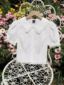 SHEIN MOD Plus Size Kawaii White Lace Blouse Puff Sleeve Peter Pan Collar Shirt Cute Preppy Style Spring Summer Top - White - View 5