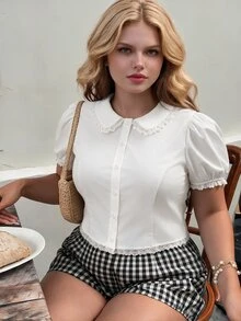 SHEIN MOD Plus Size Kawaii White Lace Blouse Puff Sleeve Peter Pan Collar Shirt Cute Preppy Style Spring Summer Top - White - View 9