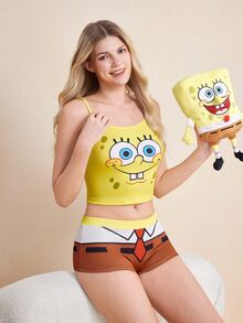 SpongeBob SquarePants | SHEIN Women's Cartoon Print Camisole Top And Shorts Casual Daily Home Sleepwear Set - Multicolor - View 4