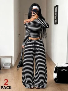 Coolane 女款日常穿搭必備針織彈性舒適不對稱領長袖上衣與寬腿運動褲套裝 棕色條紋 2件組 - 黑色 - 查看 1