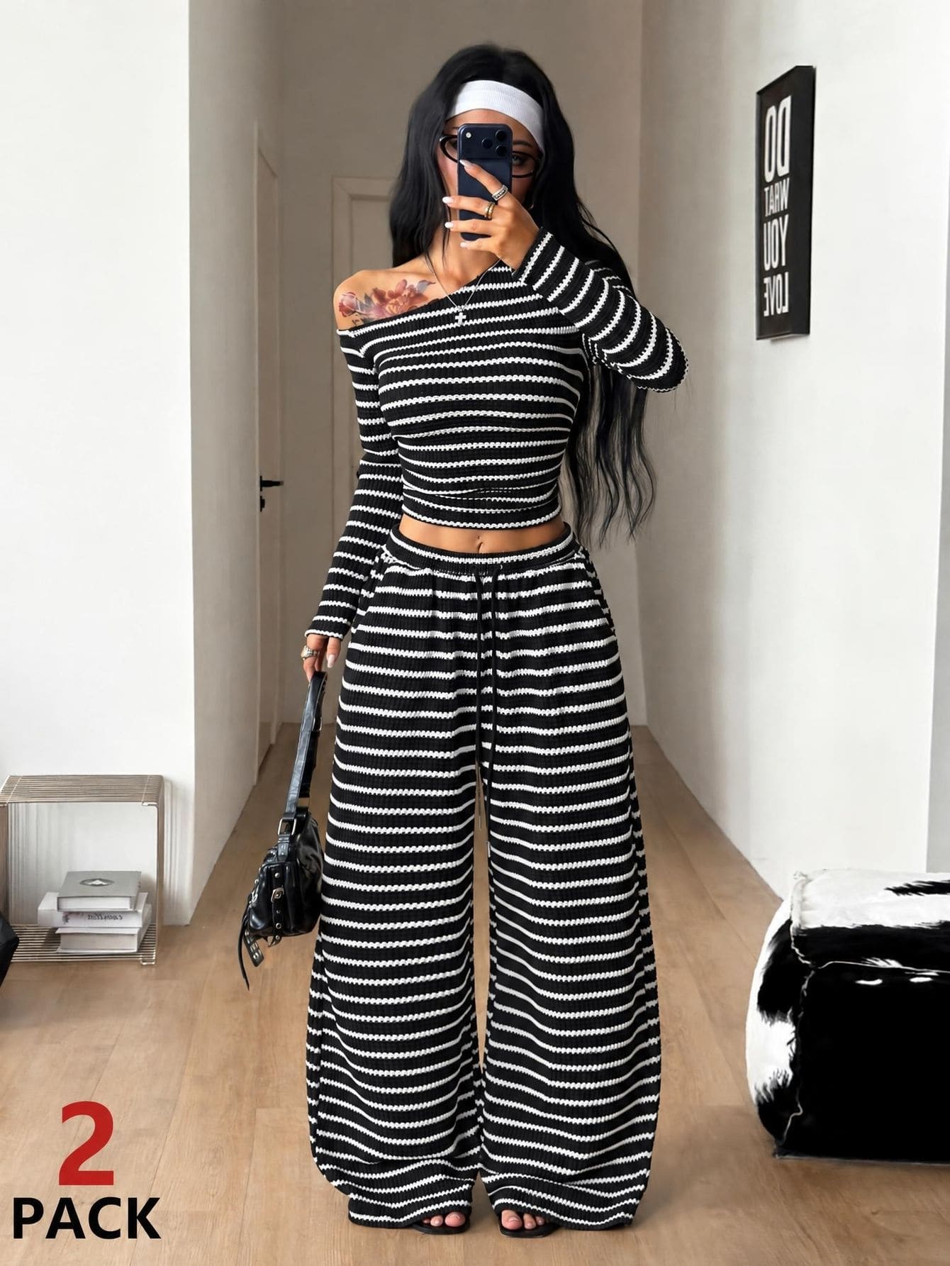 Coolane 女款日常穿搭必備針織彈性舒適不對稱領長袖上衣與寬腿運動褲套裝 棕色條紋 2件組 - 黑色 - 查看 1