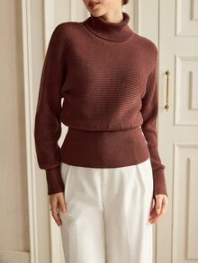 Graceveil Women's Solid Color High Neck Waist Button Design Batwing Long Sleeve Sweater - Coffee Brown - View 4