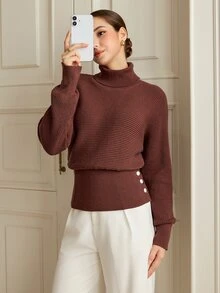 Graceveil Women's Solid Color High Neck Waist Button Design Batwing Long Sleeve Sweater - Coffee Brown - View 3