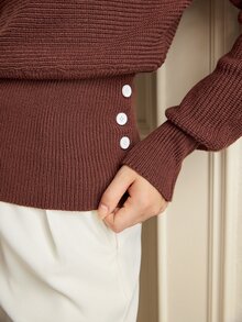 Graceveil Women's Solid Color High Neck Waist Button Design Batwing Long Sleeve Sweater - Coffee Brown - View 5