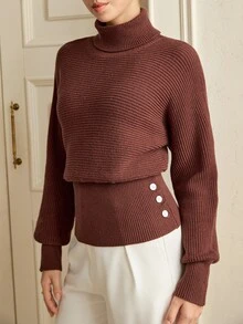 Graceveil Women's Solid Color High Neck Waist Button Design Batwing Long Sleeve Sweater - Coffee Brown - View 6