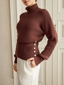 Graceveil Women's Solid Color High Neck Waist Button Design Batwing Long Sleeve Sweater - Coffee Brown - View 7