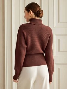 Graceveil Women's Solid Color High Neck Waist Button Design Batwing Long Sleeve Sweater - Coffee Brown - View 2