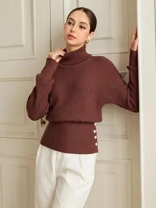 Graceveil Women's Solid Color High Neck Waist Button Design Batwing Long Sleeve Sweater - Coffee Brown - View 1