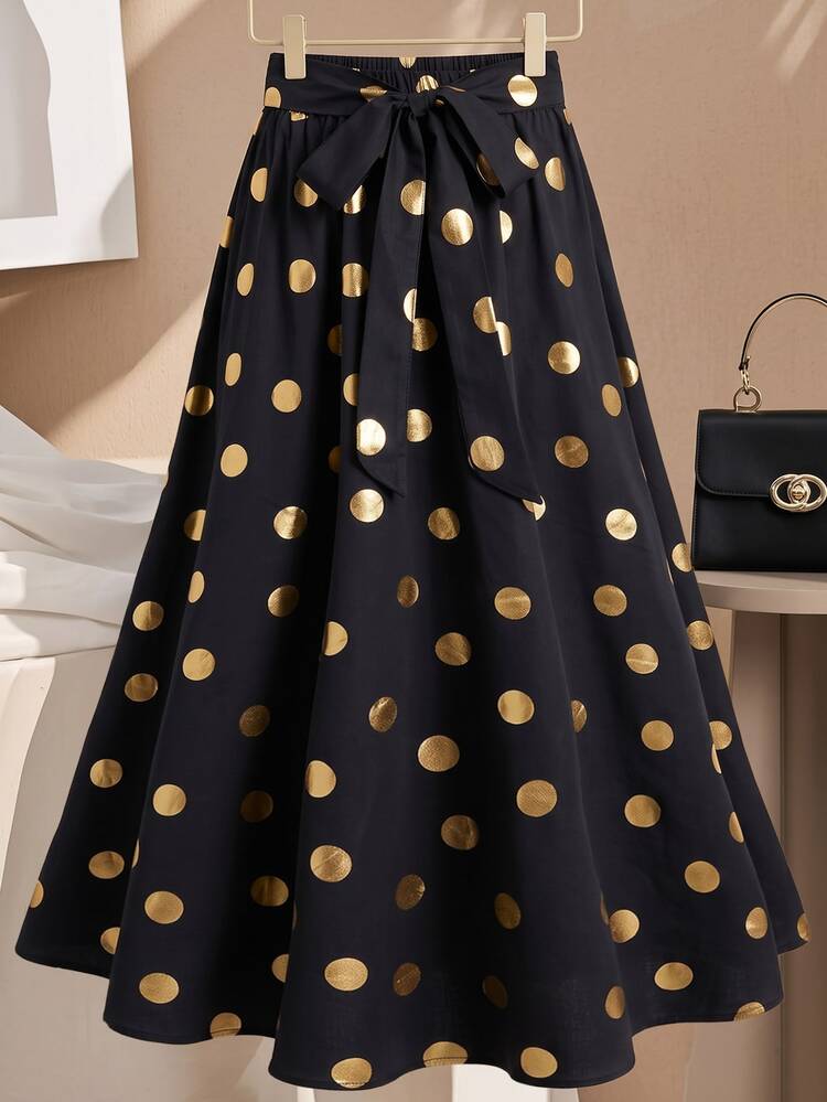 Elenzga Women's Plus Size Polka Dot Black And Gold Foil Print Tie Waist Bow Elastic Flowy Full Skirt Vintage Elegant Formal Party New Year Summer - Black - View 5