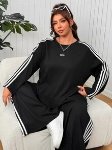 SHEIN EZwear 大尺碼女款拼色長袖上衣與長褲休閒寬鬆日常兩件套 秋季度假假日黑白配色 - 黑色 - 查看 4
