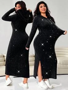 Solflare Plus Size Women's Solid Color Shiny Long Sleeve Side Slit Hem Drawstring Hooded Casual Sexy Dress Fall Lounge Night Black - Black - View 4