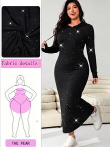 Solflare Plus Size Women's Solid Color Shiny Long Sleeve Side Slit Hem Drawstring Hooded Casual Sexy Dress Fall Lounge Night Black - Black - View 1