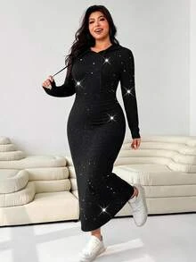 Solflare Plus Size Women's Solid Color Shiny Long Sleeve Side Slit Hem Drawstring Hooded Casual Sexy Dress Fall Lounge Night Black - Black - View 8