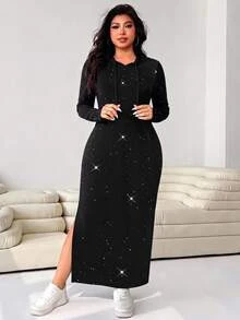 Solflare Plus Size Women's Solid Color Shiny Long Sleeve Side Slit Hem Drawstring Hooded Casual Sexy Dress Fall Lounge Night Black - Black - View 6