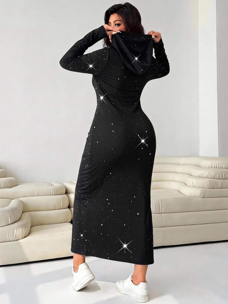 Solflare Plus Size Women's Solid Color Shiny Long Sleeve Side Slit Hem Drawstring Hooded Casual Sexy Dress Fall Lounge Night Black - Black - View 2