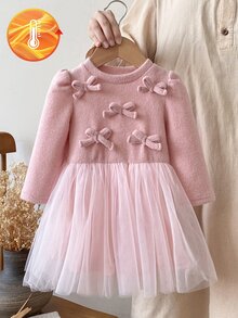 SHEIN 1件幼女公主甜美粉色蝴蝶結貼花薄紗長袖泡泡袖圓領針織芭蕾舞裙，適合生日派對冬季穿著 - 粉色 - 查看 3