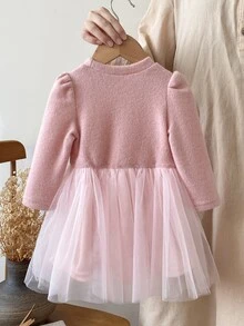 SHEIN 1件幼女公主甜美粉色蝴蝶結貼花薄紗長袖泡泡袖圓領針織芭蕾舞裙，適合生日派對冬季穿著 - 粉色 - 查看 2