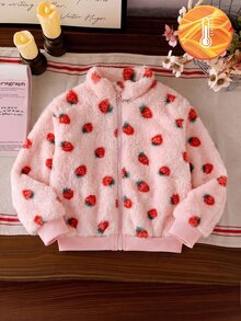 SHEIN 1 Piece Young Girl Autumn & Winter Sweet Cute Strawberry Print Fleece Jacket, Suitable For Casual Daily Outings & Back-To-School Wear - Pink - View 7