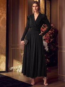 MOTF PREMIUM LUXURY ELEGANT SOPHISTICATED NOBLE HEAVY BEADED EMBROIDERY DECORATED LONG SLEEVE DEEP V-NECK WAIST-CINCHED SLIMMING WOMEN'S COCKTAIL EVENING GOWN DRESS - Black - View 5