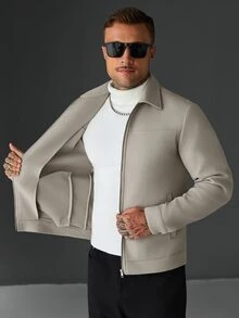 Manfinity Roughcore 2026 New Men's New Year Christmas Halloween Holiday Gift Fashion Design Minimalist Elegant Versatile Loose Casual Lapel Zip-Up Khaki Overcoat - Khaki - View 5