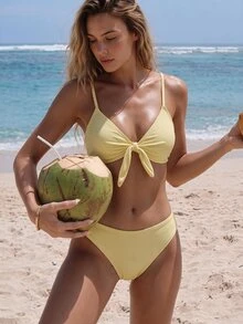 Swim Vcay Women's 2 Pieces Bikini Swimwear Set, Double Shoulder Straps, Light Yellow Ribbed Fabric, Two Pieces Swimwear For Beach, Island, Pool Party, Casual Versatile - Light Yellow - View 3