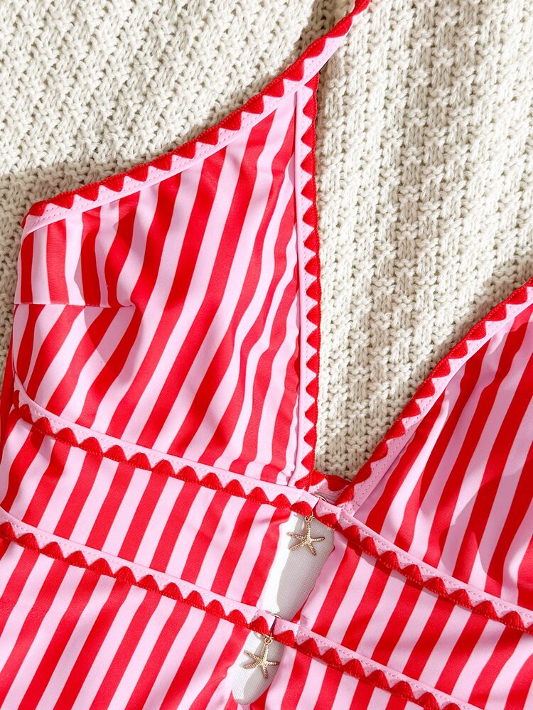 SHEIN Swim 202 New Spring/Summer Women's Red & Pink Contrast Vertical Striped Halter One-Piece Swimsuit, Deep V Neck, Hollow Starfish Decor, Trimmed Slimming, Beach Vacation, Hot Spring, Body-Flattering, Elegant Casual One-Piece Swimsuit - Pink - View 4