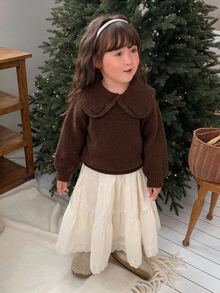 Dazy Kids Baby Girl Turn Collar Long Sleeve Sweater, Autumn/Winter - Chocolate Brown - View 4