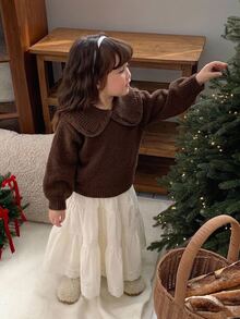 Dazy Kids Baby Girl Turn Collar Long Sleeve Sweater, Autumn/Winter - Chocolate Brown - View 9