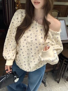 DAZY Loose Fit Thermal Lined Asymmetric Graphic Letter Print Women's Sweatshirt - Beige - View 6