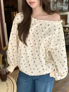 DAZY Loose Fit Thermal Lined Asymmetric Graphic Letter Print Women's Sweatshirt - Beige - View 11
