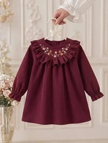 SHEIN Baby Girl Floral Embroidery Ruffle Trim Flounce Sleeve Corduroy Autumn Dress - Multicolor - View 2