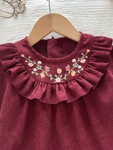 SHEIN Baby Girl Floral Embroidery Ruffle Trim Flounce Sleeve Corduroy Autumn Dress - Multicolor - View 4