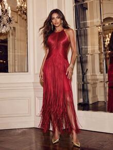 Anewsta Affair Elegant Vintage Bohemian Tassel Maxi Dress, Suitable For Spring, Summer, Holidays, Festivals, Beaches, Parties, And Easter - Red - View 3