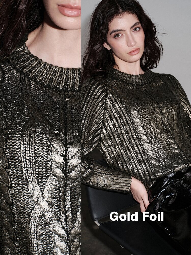 Anewsta Autumn/Winter Knitted Gold Foil Cable Knit Crew Neck Versatile Loose Fit Sweater - Black - View 2