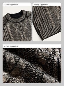 Anewsta كنزة صوفية محبوكة برقبة دائرية بتصميم كابلات مع رقائق ذهبية، فضفاضة متعددة الاستخدامات للخريف والشتاء - الأسود - مشاهدة 3